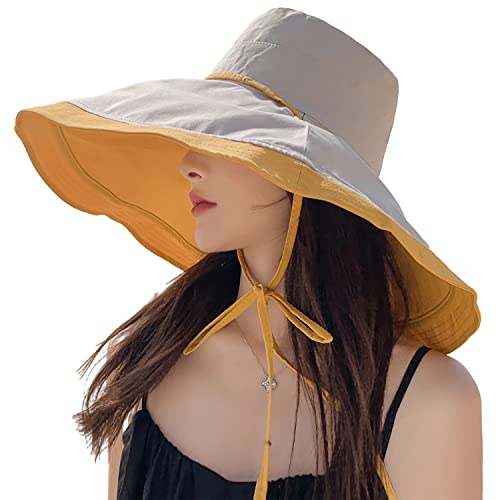 HUAMULAN Women Summer Vacation Wide Brim Sun Hat Reversible Fishing Hats - color: Yellowbeige