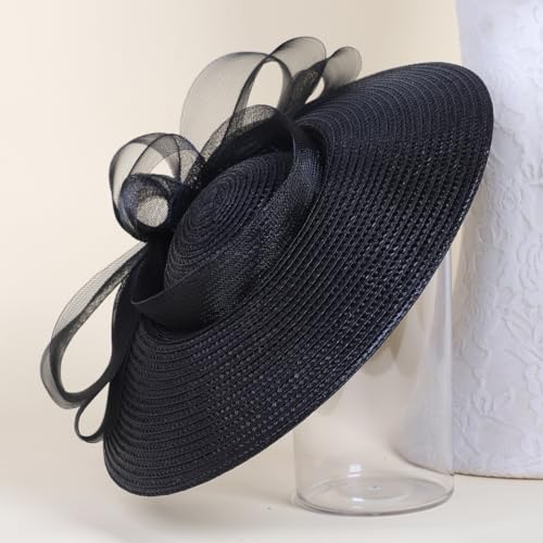 HIMESPORT Straw Cocktail Fascinators Hat for Women Ladies Wide Brim Church Wedding Bride Derby Tea Party Hats with Mesh Bow - color: Black