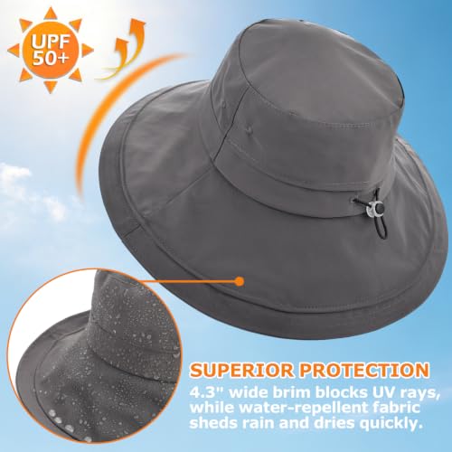 Women's UPF 50+ Waterproof Wide Brim Sun Bucket Hat with Ponytail Hole - color: Dark Grey