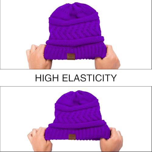 Rosoz 2 Pack Ponytail Beanie for Women,Winter Warm Beanie Tail Soft Stretch Cable Knit Messy High Bun Hat - color: 1pack-purple