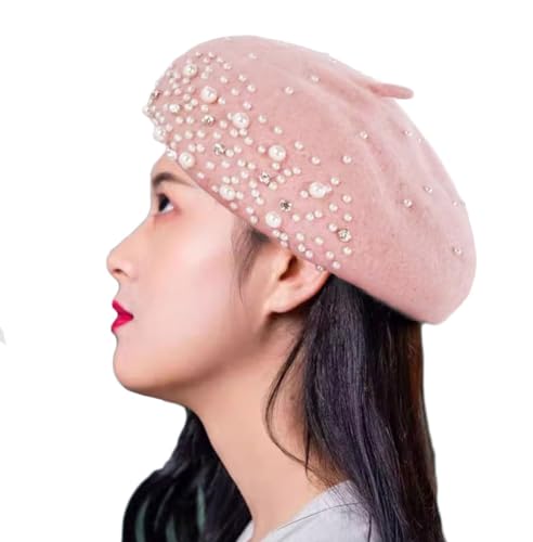 PURFANREE 여성용 여아용 비즈 진주 라인스톤 울 프렌치 베레모 모자 겨울 아티스트 페인터 모자 비니 캡 - color: 핑크
