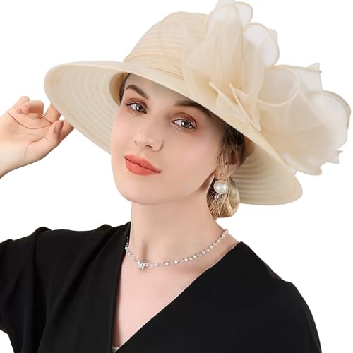 DRESHOW Lady Derby Dress Church Bowler Cloche Hat Bowknot Organza Bridal Cap for Wedding - color: 1 Pack Bowler Hat: Beige