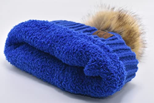 C.C Trendy Fuzzy Fleece Lined Warm Comfortable Soft Stretch Cable Knit Ribbed Faux Fur Pom Pom Beanie Hat - color: Royal Blue