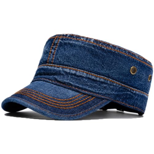 2 Pack Men's Cotton Military Caps Cadet Army Caps Vintage Flat Top Cap - color: Denim Black/Dark Blue