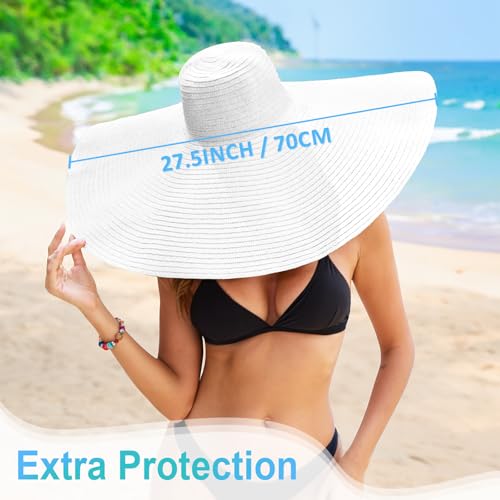 Oversized Beach Hat for Women Wide Brim Straw Sun Hat UPF 50+ UV Protection Foldable Packable Travel Vacation Pool Outdoor - color: White