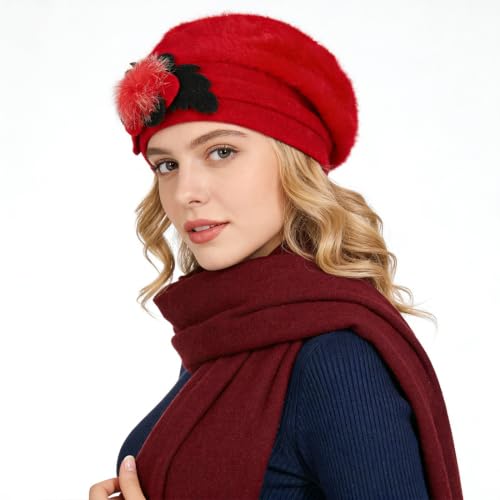 Women’s Vintage Wool Beret Winter Hats Elegant French Beret Beanie Dress Hat for Ladies - color: Br022-red