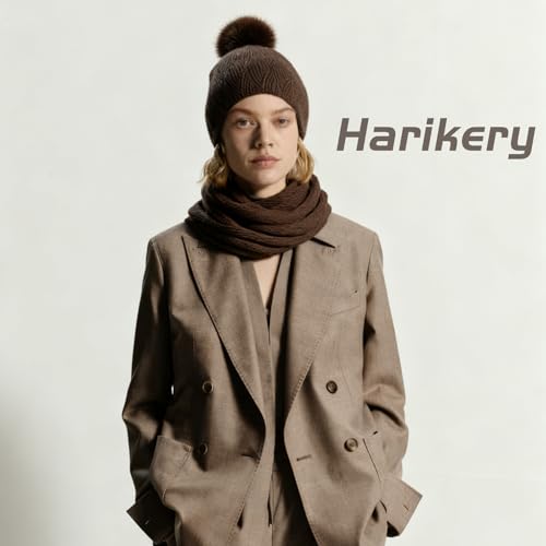 Knit Hat Scarf Set with Detachable Pom Pom, Wool Blend Winter Beanie & Long Scarf, Cold Weather Accessories for Women - color: Brown