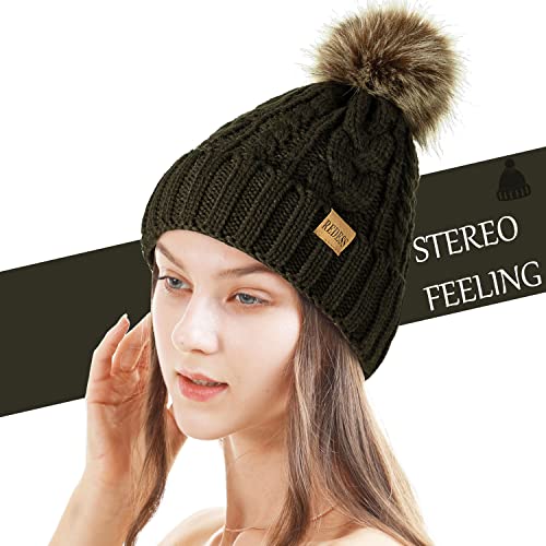REDESS Women Winter Pompom Beanie Hat with Warm Fleece Lined Thick Slouchy Snow Knit Hat Skull Ski Cap - color: Dark Olive