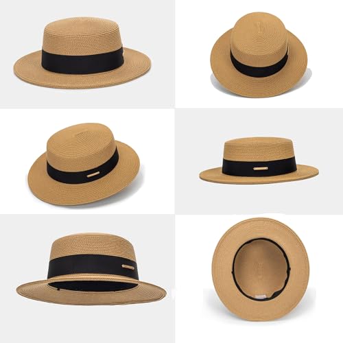 Straw Fedora Boater Flat Top Floppy Panama Sun Hat for Women Men
