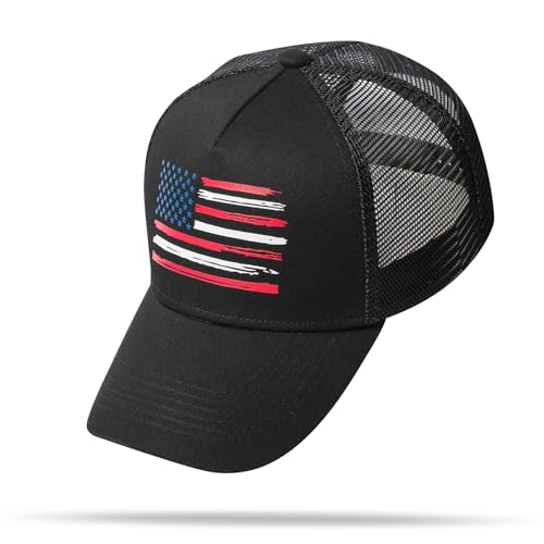 Baseball Cap, American Flag Trucker Hat for Men Women, Breathable Adjustable Fit Outdoor Mesh Snapback Hats - color: Black/Us Flag