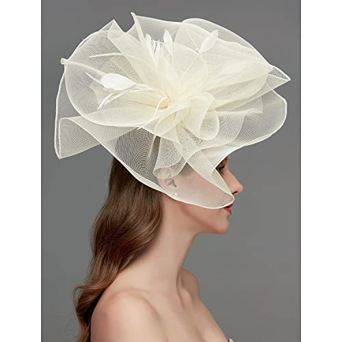 Women's Fascinators Hat for Women Tea Party Headband Wedding Cocktail Flower Mesh Feathers Hair Clip - color: 01 Beige