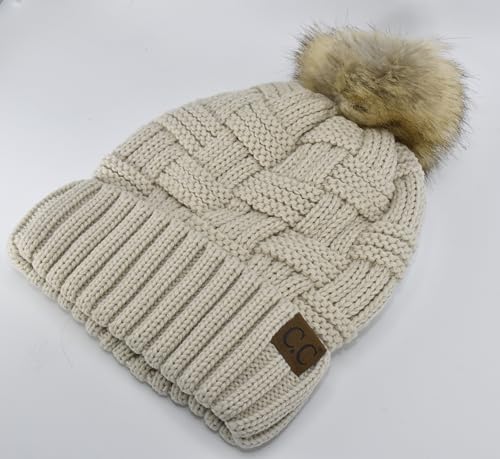 C.C Knit Beanie Hat – Fuzzy Fleece Lined Warm Winter Hat, Faux Fur Pom Soft Stretchy Slouchy Knit Cap, Cold Weather Beanie - color: Beige