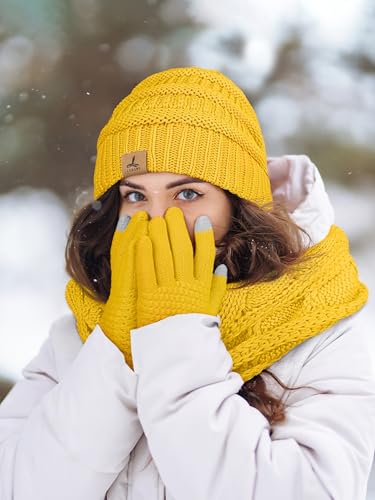 LOROME Winter Beanie Hat Scarf Gloves, Warm Fleece Knit Neck Scarf Set Gift - color: Ginger Yellow