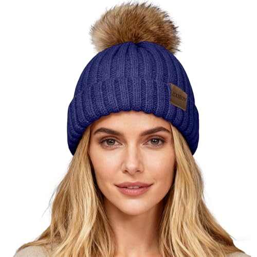 ZOORON Womens Winter Knitted Beanie Hat with Faux Fur Pom Beanie Warm Knit Skull Cap Beanie for Women - color: 1navy Blue