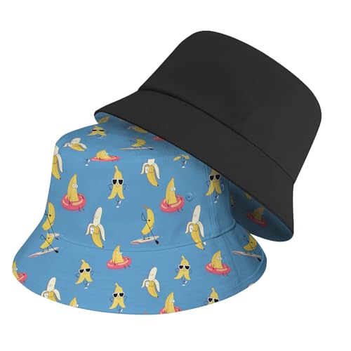 Amasnay Funny Bucket Hat Cotton Double-Side-Wear Reversible Sun Hat for Women Men, Summer Vacation Travel Beach Fisherman Hat - color: Funny Sunglasses Banana