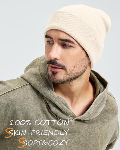 100% Cotton Beanie Lengthen Cuffed Beanies Knit Winter Hats Unisex - color: 1-beige