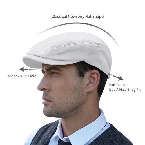 POUDAY Men's Cotton Newsboy Cap Flat Cap Newsboy Hat for Men Cabbie Hat Breathable Soft Summer Hat for Driving Hunting Golf - color: White, size: Large