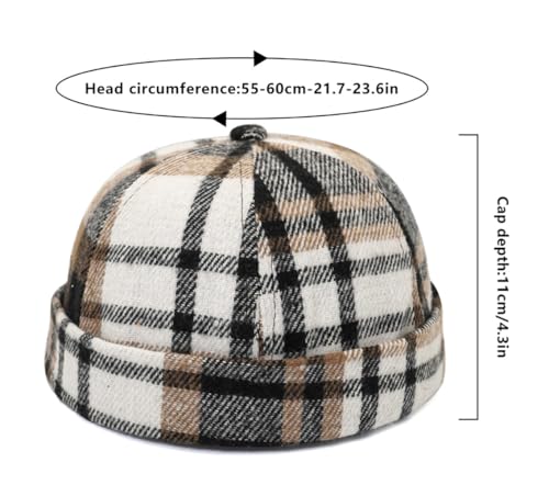 DIYDECAL Striped Plaid Brimless Worker Cap,Retro Skullcap Docker Hat for Men Womens - color: Coffee