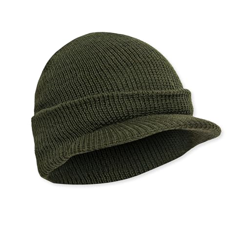 M MCGUIRE GEAR Genuine G.I. Winter Beanie Cap with Visor, 100% Wool Fitted Cap, Made in USA - color: Od Green