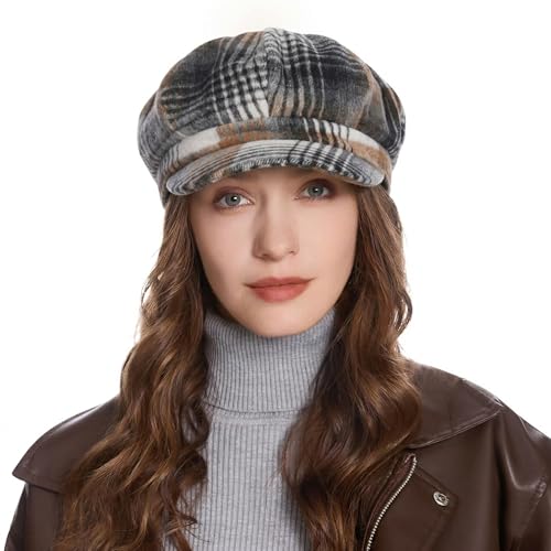 ZLYC Women Classic Newsboy Cap Visor 8 Panel Gatsby Cabbie Paperboy Hat - color: Plaid White and Dark Gray