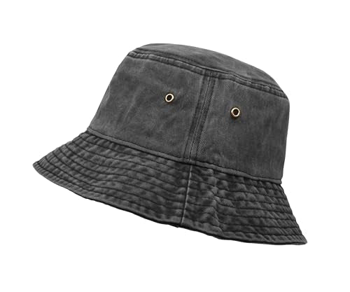 Bucket Hat, Wide Brim Washed Denim Cotton Outdoor Sun Hat Flat Top Cap for Fishing Hiking Beach Sports - color: Black