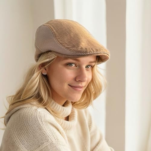 Linen Cotton Flat Cap Men Summer Newsboy - color: B31 - Brown, size: 7 3/8-7 5/8