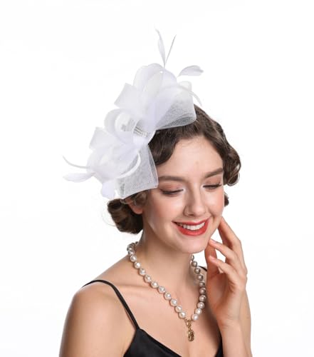 SAFERIN Elegant Women's Fascinator Hat with Veil and Feather Hair Clip Headpiece for Weddings Tea Party - color: St09-white