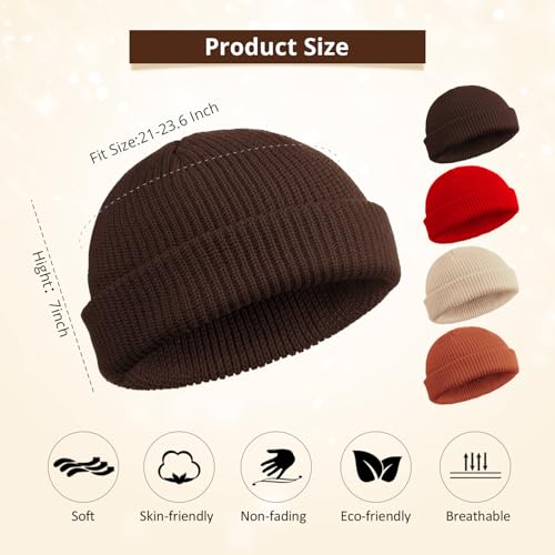 SATINIOR 4 Pieces Trawler Beanie Watch Hat Roll up Edge Skullcap Fisherman Beanie Unisex - color: Red, Beige, Dark Caramel, Coffee, size: One Size