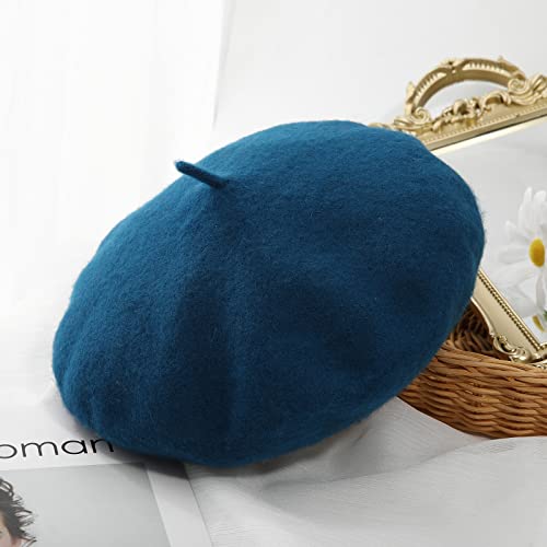 Women French Wool Beret Hats - Solid Color Classic Beanie Winter Cap - color: Thicker-blue