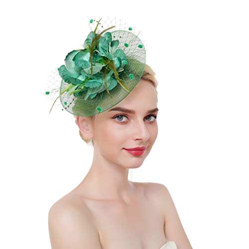 ACTLATI Fascinators Hat for Women Tea Party Headpiece Wedding Cocktail Flower Mesh Feathers Hair Clip 20s Flapper Fascinators - color: A1-dark Green