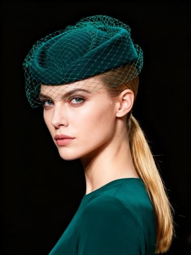 Wool Felt Vintage Beret Wedding Top Hats for Women Elegant Church Fedoras with Veil Ladies Cap Autumn Winter - color: Dark Green