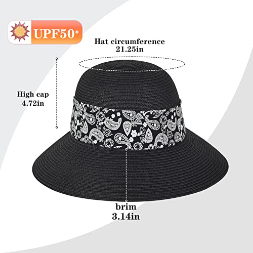 Womens Straw Sun Hat Summer Beach Wide Brim UV Protection Hats with Chin Strap Floppy Foldable Cute Bowknot UPF 50 Cap - color: Black Paisley