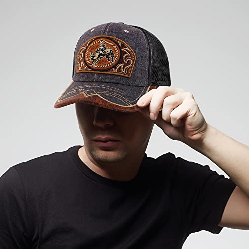 Trendy Apparel Shop Rodeo Leather Patch Trucker Snapback Ball Cap - color: Black Charcoal