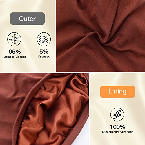 Silk Satin Lined Bonnet Sleep Cap - Adjustable Stay on All Night Hair Wrap Cover Slouchy Beanie for Curly Hair Protection for Women and Men - Solid Caramel - color: Solid Caramel, size: One Size