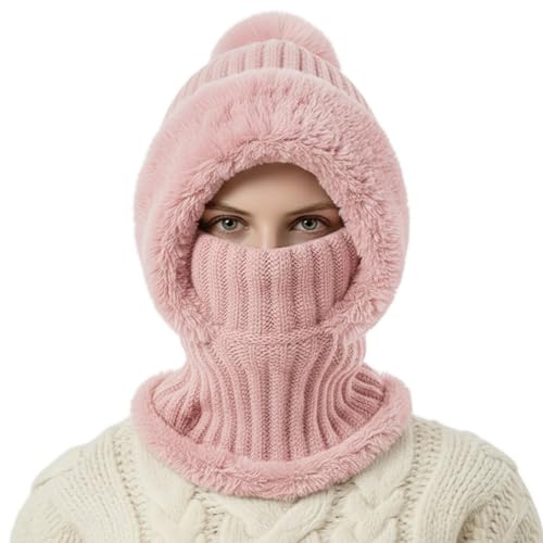 AQOKKA 3 in 1 Knit Fleece Lined Beanie Hat with Scarf and Mask Warm - color: Pink