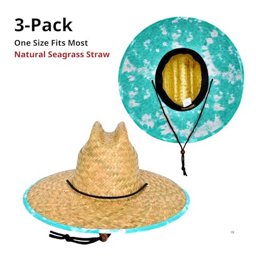 3 Pack Straw Hats for Men, Lifeguard Straw Hat, Wide Brim Sun Hat for Men, Natural Straw, Adjustable Chin Strap - color: Seagrass Teal