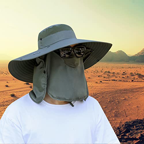 Women Wide Brim Face Mask Sun Hat Detachable Neck Face Flap Ponytail UV Protection Visor Hat Garden Fishing Hiking - color: Hyp008-armygreen