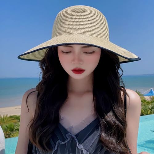 Womens Mens Wide Brim Straw Panama Hat Beach Sun Hat Summer Wide Brim Straw Roll up Hat Fisherman's UPF 50 - color: -Khaki