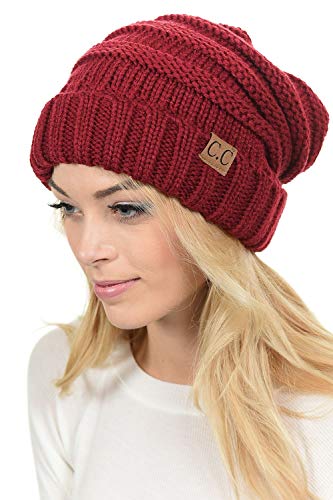 C.C Hat-100 Oversized Baggy Slouch Thick Warm Cap Hat Skully Cable Knit Beanie - color: Burgundy