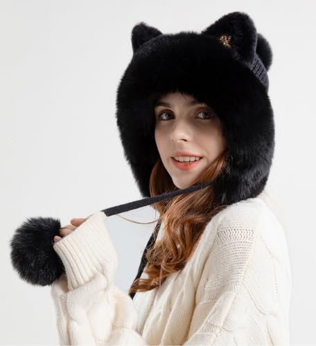 Outdoor Warm Earflap Beanie Hat with Brim Baseball Slouchy Knitted Visor Skull Caps for Women Men Black - color: Black
