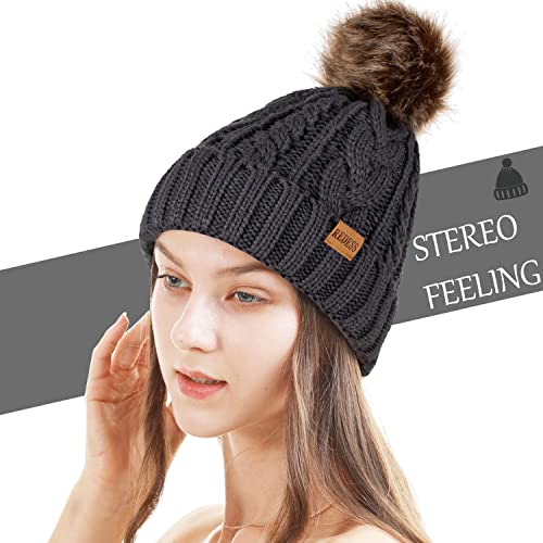 REDESS Women Winter Pompom Beanie Hat with Warm Fleece Lined Thick Slouchy Snow Knit Hat Skull Ski Cap - color: Dark Gray