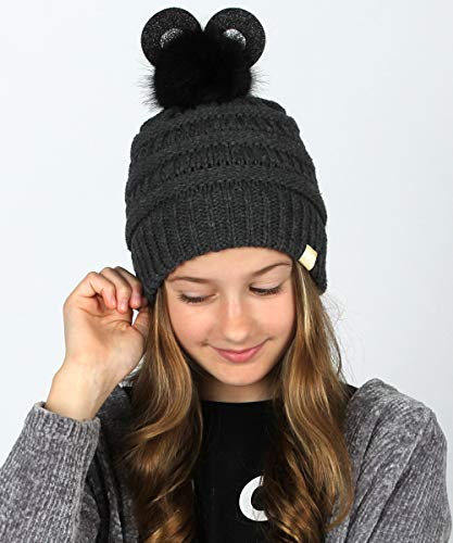 MIRMARU Kids Boys & Girls Winter Soft Warm Knitted Beanie Hat with Faux Fur Pom Pom for Ages 7-12 - color: Bear Pom - Charcoal