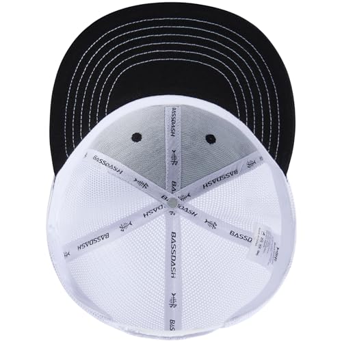 BASSDASH Flat Brim Trucker Cap Adjustable Snapback Hat Mesh Back for Men Women - color: Black and White