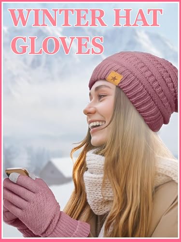 JaGely 8 Pieces Women Winter Hats and Gloves Set Women Warm Touchscreen Knitted Lined Gloves Winter Beanies - color: Grey, Soft White, Skin Pink, Dark Blue