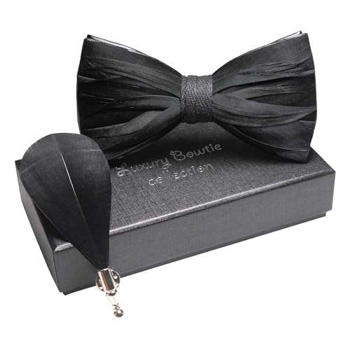 RBOCOTT Handmade Feather Pre-tied Bow tie and Brooch Sets for Men - color: Black