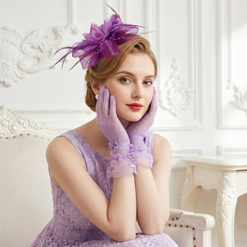 Fascinators Hats with Lace Gloves for Women Headband for Tea Party Wedding - color: Purple
