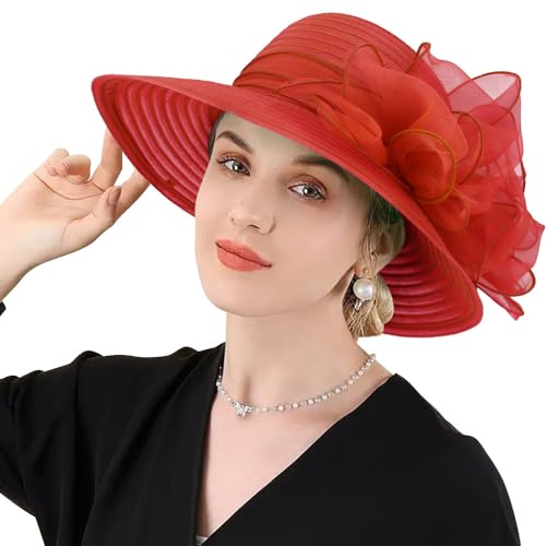 DRESHOW Lady Derby Dress Church Bowler Cloche Hat Bowknot Organza Bridal Cap for Wedding - color: 1 Pc: Red