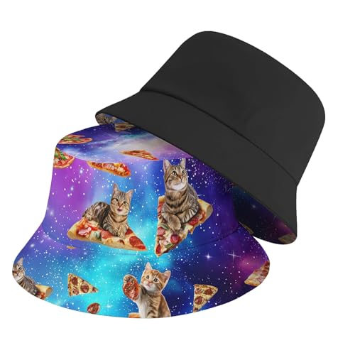 Amasnay Neon Bucket Hat Cotton Double-Side-Wear Reversible Sun Hat for Women Men, Summer Vacation Travel Beach Fisherman Hat - color: Galaxy Cat Pizza Space