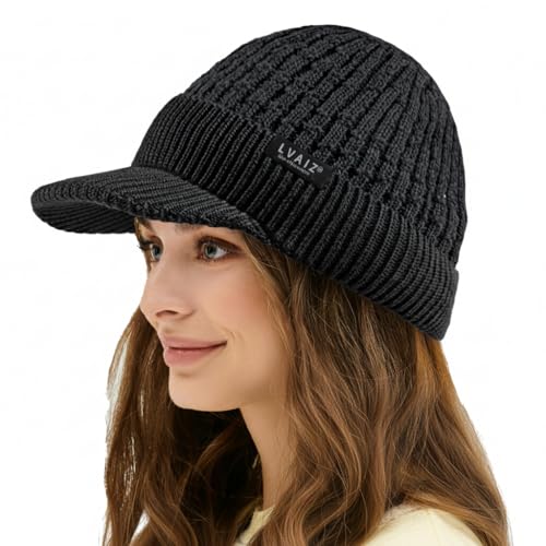 Womens Satin Lined Winter Beanie Hat with Brim Visor Warm Knit Baseball Cap - color: Black