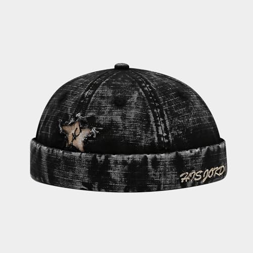 Unisex Washed Denim Distressed Rolled Cuff Brimless Docker Cap - color: Star-black